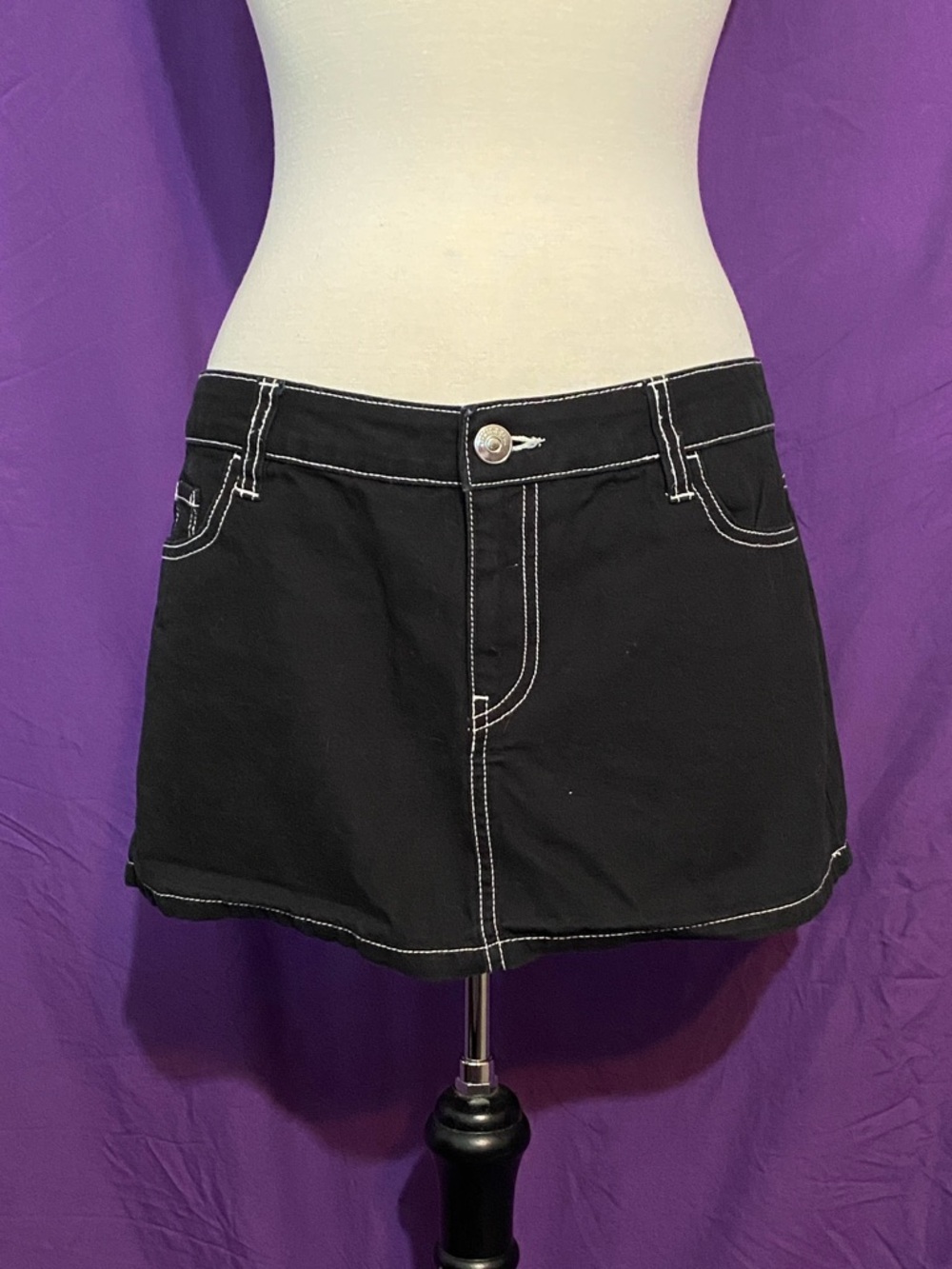 Divided Black MicroMini Skirt with Contrast White Stitching. Size 10.
